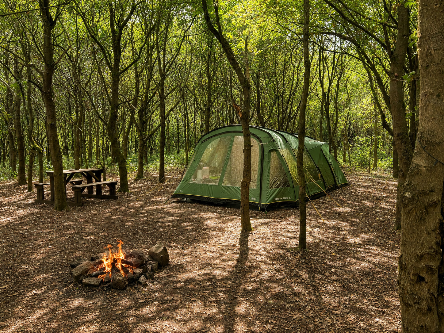 A spacious Fire and Stars pitch with a tent and private firepit amongst the trees